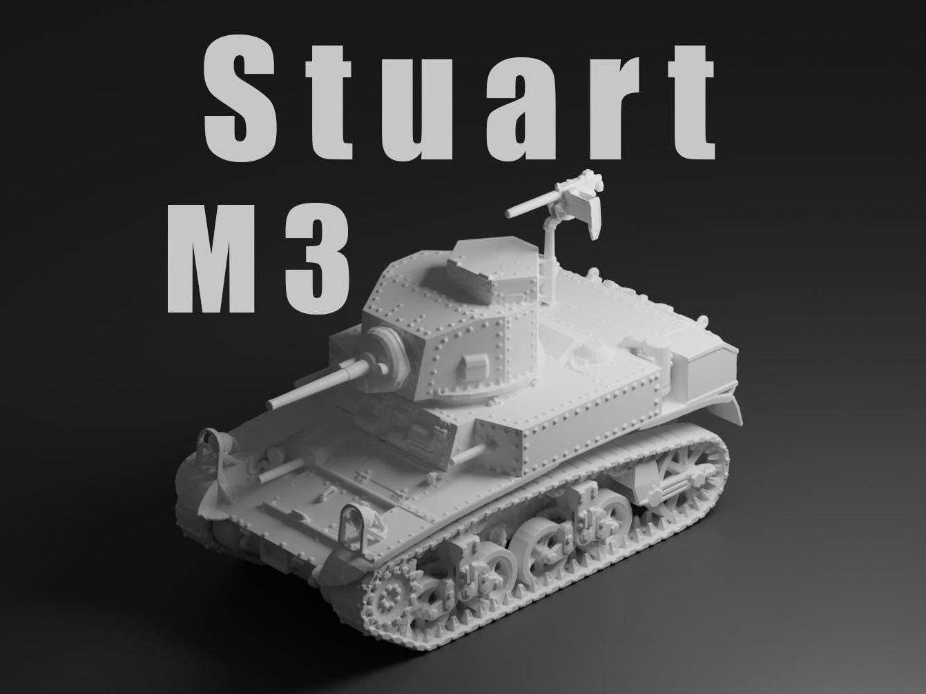 M3 Stuart Unpainted Miniature – Dark Grey Resin U.S. Light Tank – 1/48 • 1/56 • 1/64 • 1/72 • 1/76 • 1/87 • 1/100 • 1/144