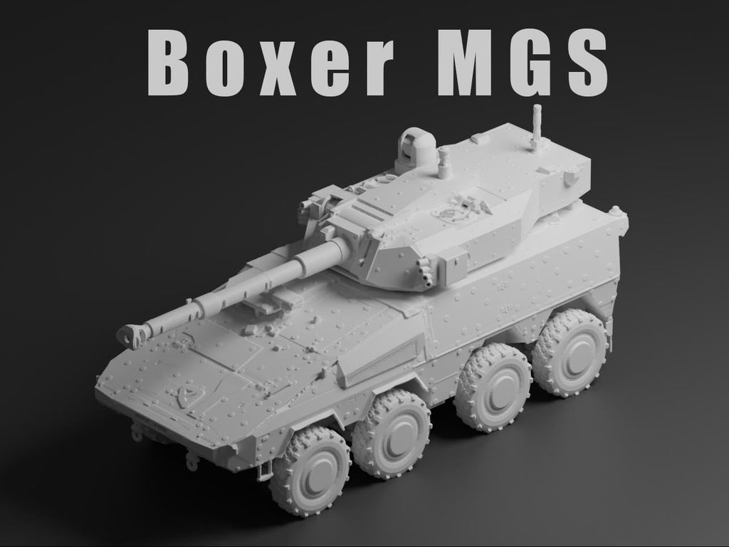 Boxer MGS Unpainted Miniature – Dark Grey Resin 8x8 Fire Support Vehicle – 1/48 • 1/56 • 1/64 • 1/72 • 1/76 • 1/87 • 1/100 • 1/144