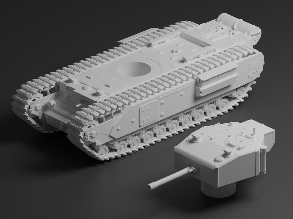 Churchill Mk III Unpainted Miniature – Dark Grey Resin British Infantry Tank – 1/48 • 1/56 • 1/64 • 1/72 • 1/76 • 1/87 • 1/100 • 1/144