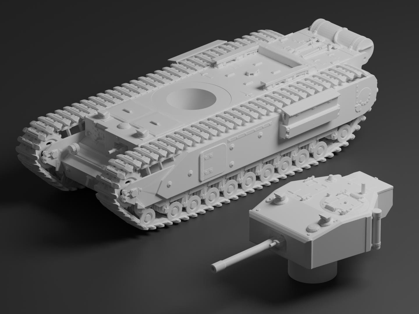 Churchill Mk III Unpainted Miniature – Dark Grey Resin British Infantry Tank – 1/48 • 1/56 • 1/64 • 1/72 • 1/76 • 1/87 • 1/100 • 1/144