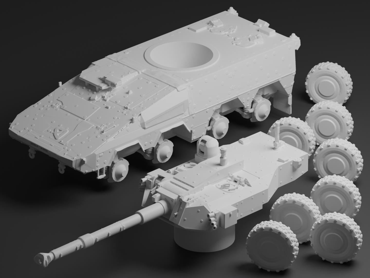Boxer MGS Unpainted Miniature – Dark Grey Resin 8x8 Fire Support Vehicle – 1/48 • 1/56 • 1/64 • 1/72 • 1/76 • 1/87 • 1/100 • 1/144