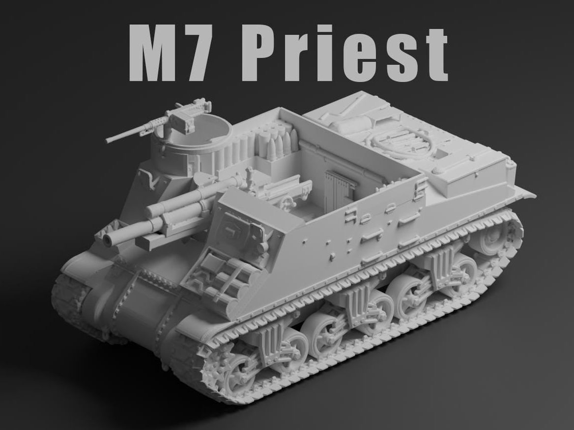 M7 Priest Unpainted Miniature – Dark Grey Resin Self-Propelled Howitzer – 1/48 • 1/56 • 1/64 • 1/72 • 1/76 • 1/87 • 1/100 • 1/144